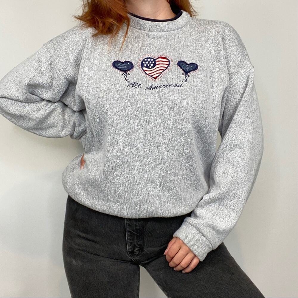 Vintage Large Gray & Navy Patriotic All American Embroidered Crewneck Sweatshirt